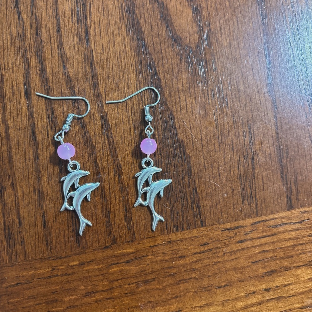 Silver Dolphin Earrings with Pink Beads
